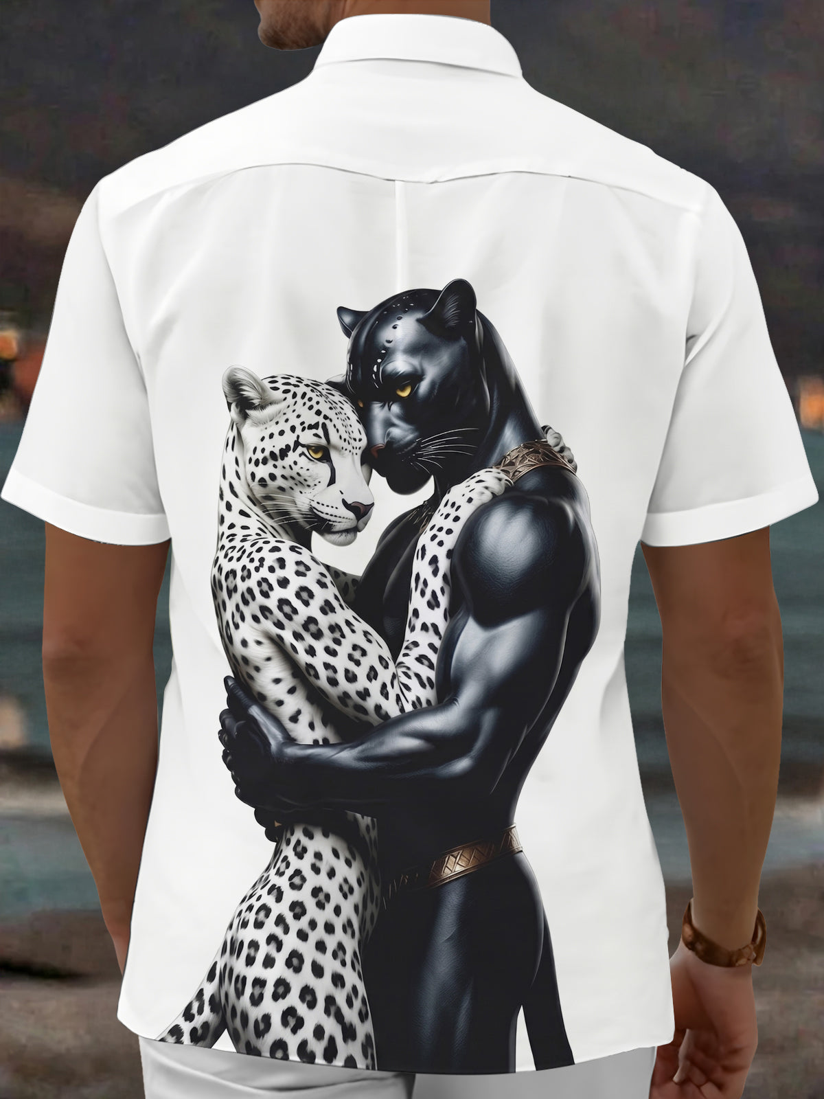 Adaychic Men's Graphic Leopard Print Short Sleeve Shirt with Chest Pocket
