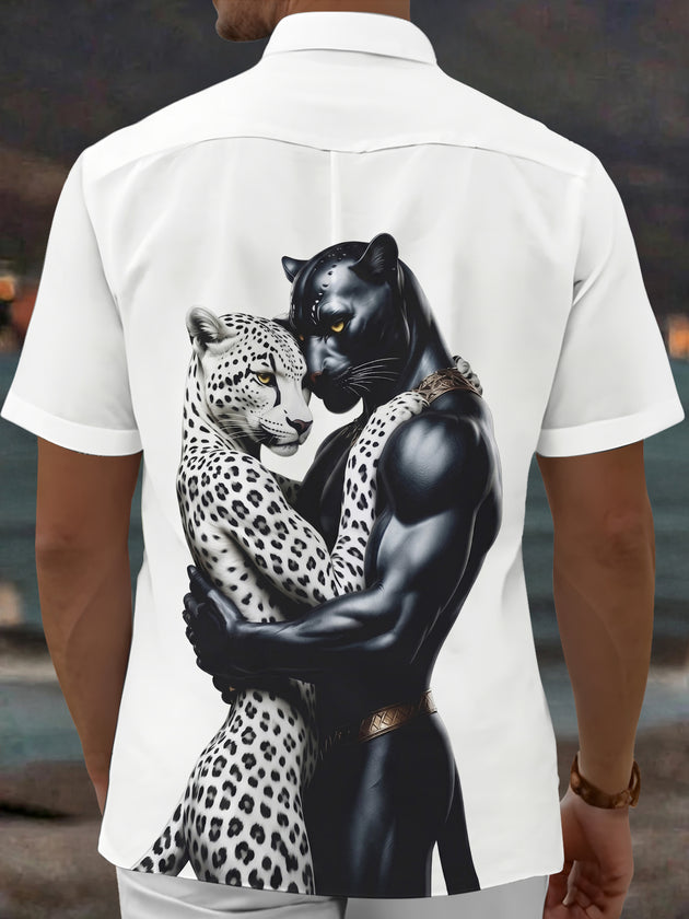 Adaychic Men's Graphic Leopard Print Short Sleeve Shirt with Chest Pocket