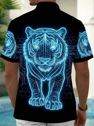 Adaychic Men's Graphic Neon Tiger Print Short Sleeve Shirt with Chest Pocket