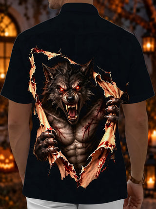 Adaychic Men's Short Sleeve Shirt - Halloween Werewolf Bursting Through Shirt Print with Chest Pocket