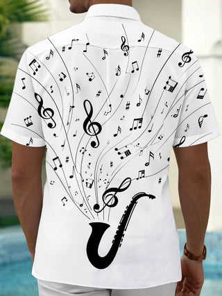 Adaychic Men's Printed Saxophone Print Musical Notes Print Short Sleeve Shirt with Chest Pocket