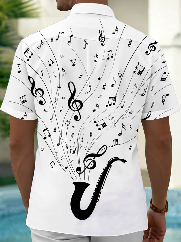 Adaychic Men's Printed Saxophone Print Musical Notes Print Short Sleeve Shirt with Chest Pocket