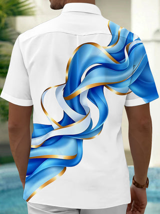 Adaychic Men's Graphic 3D Blue Gold Ribbon Wave Print Short Sleeve Shirt with Chest Pocket
