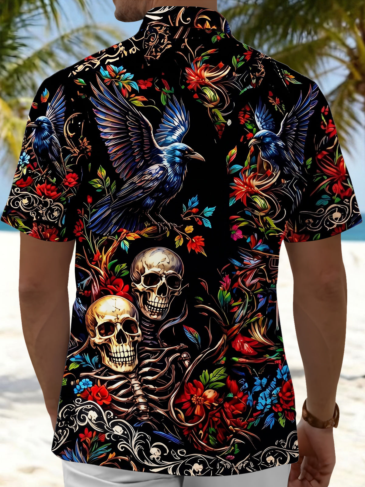 Adaychic Men's Graphic 3D Raven Skull Floral Print Short Sleeve Button Down Shirt with Chest Pocket