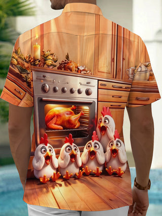 Adaychic Men's Graphic 3D Cartoon Chicken Kitchen Print Short Sleeve Button Down Shirt with Chest Pocket
