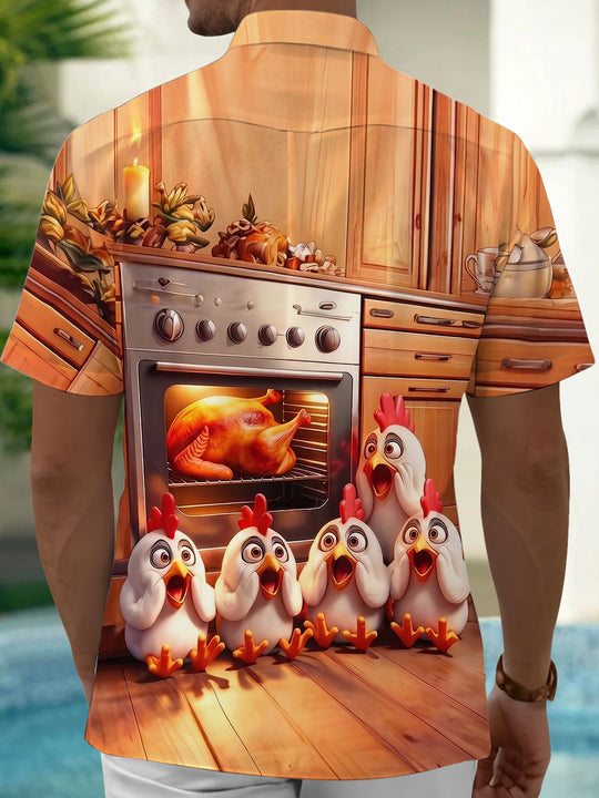 Adaychic Men's Graphic 3D Cartoon Chicken Kitchen Print Short Sleeve Button Down Shirt with Chest Pocket