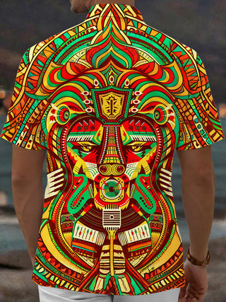 Adaychic Men's Graphic Tribal Totem Face Print Short Sleeve Shirt with Chest Pocket