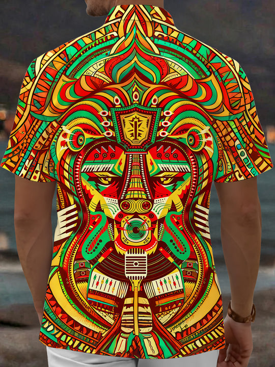 Adaychic Men's Graphic Tribal Totem Face Print Short Sleeve Shirt with Chest Pocket
