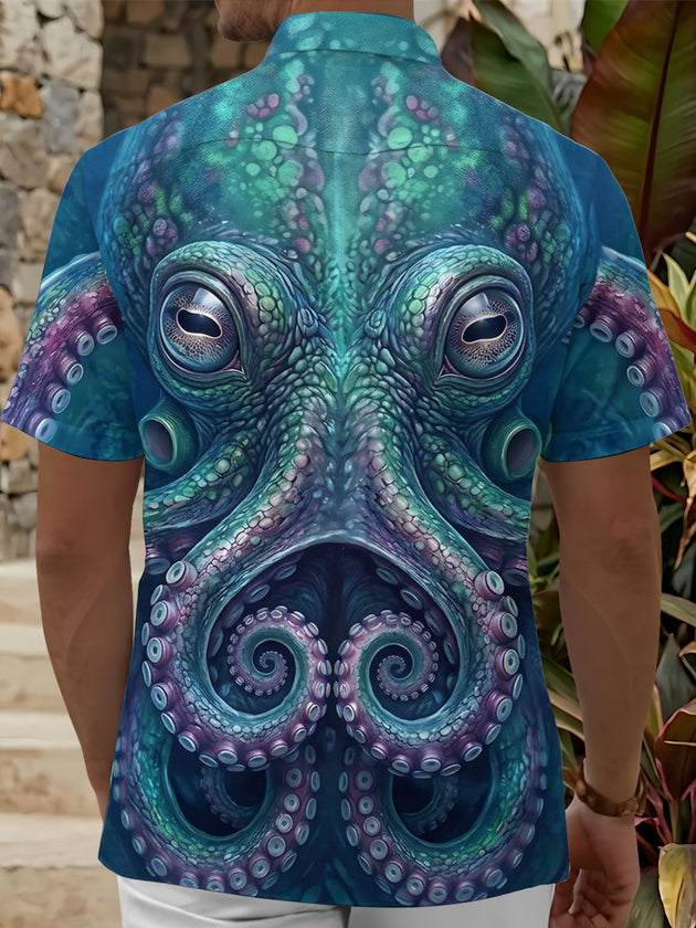 Adaychic Men's Graphic Octopus Face Print Tentacles Print Short Sleeve Shirt with Chest Pocket