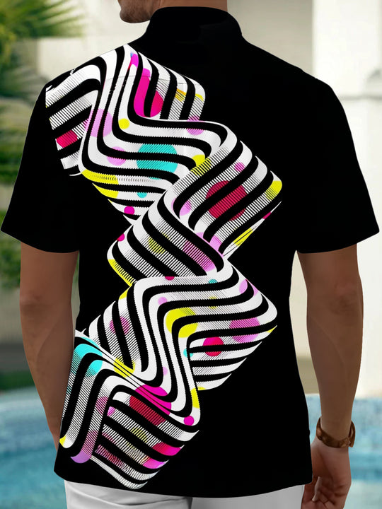 Adaychic Men's Printed Abstract Wavy Lines Print Short Sleeve Shirt with Chest Pocket