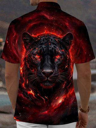 Adaychic Men's Black Panther With Lava And Fire Print Short Sleeve Shirt with Chest Pocket