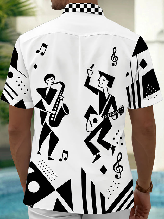 Adaychic Men's Graphic Jazz Musicians Print Short Sleeve Shirt with Chest Pocket