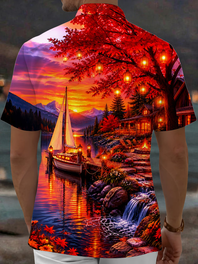 Adaychic Men's Hawaiian Sunset Lake Landscape Print Short Sleeve Shirt with Chest Pocket