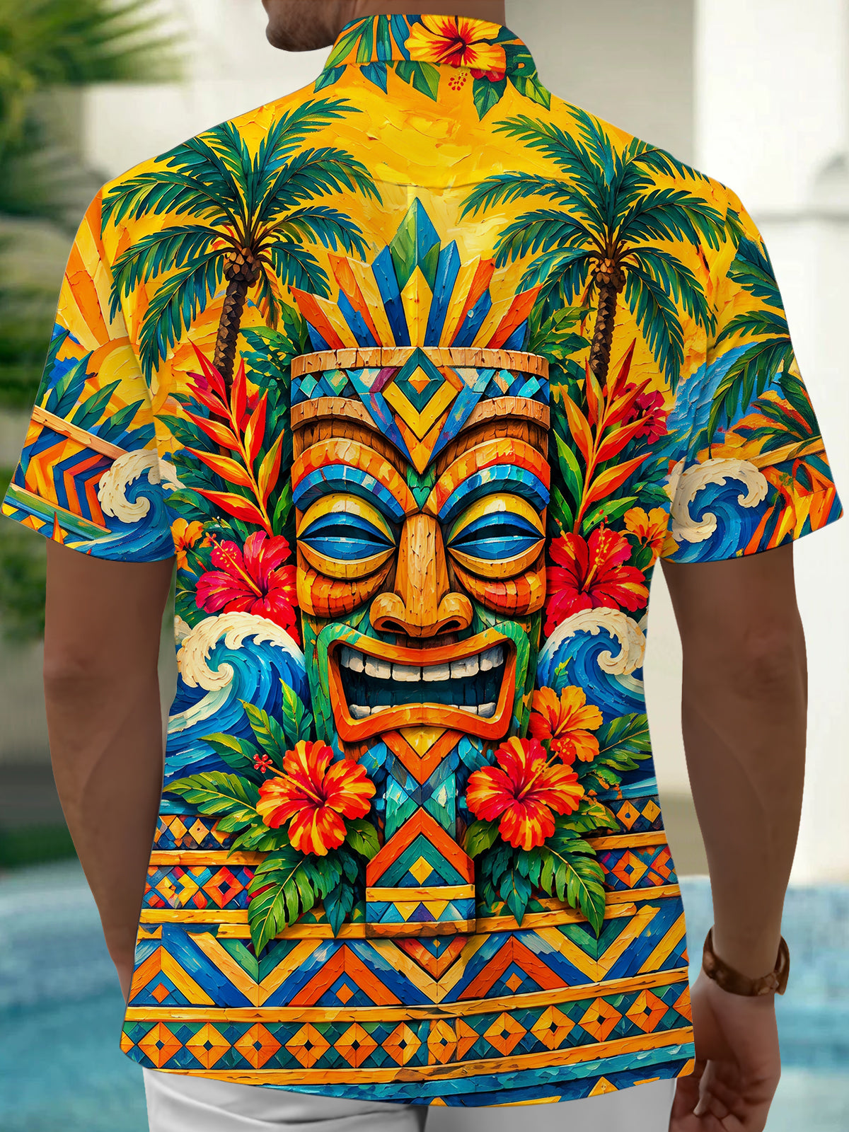 Adaychic Men's Hawaiian Tiki Totem Mask Print Short Sleeve Shirt with Chest Pocket