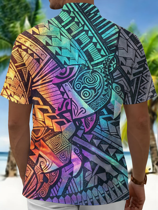 Adaychic Men's Hawaiian Tribal Geometric Pattern Short Sleeve Shirt with Chest Pocket