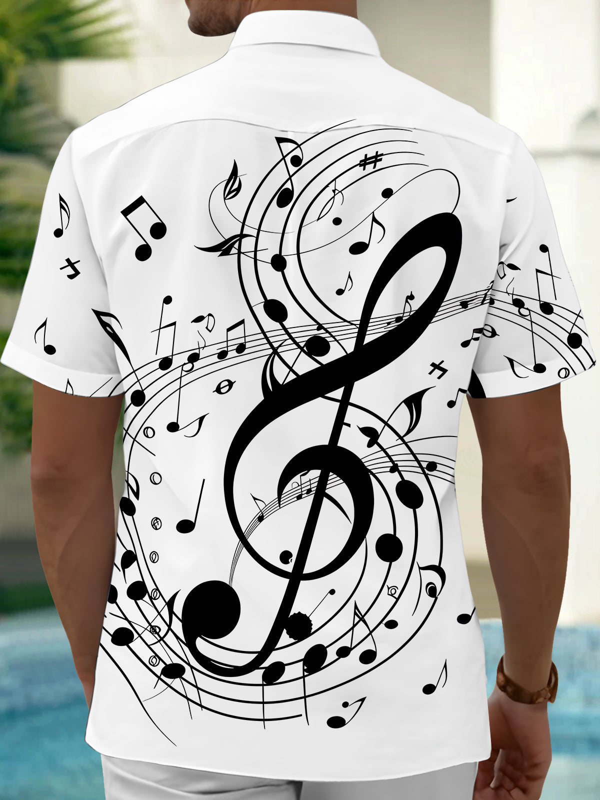 Adaychic Men's Graphic Musical Notes Print Short Sleeve Shirt with Chest Pocket