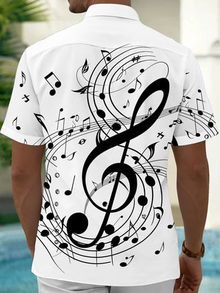 Adaychic Men's Graphic Musical Notes Print Short Sleeve Shirt with Chest Pocket