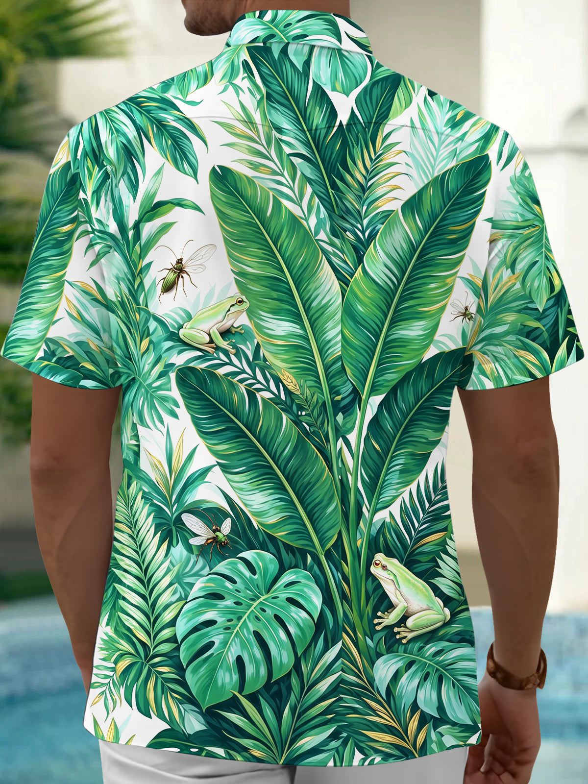 Adaychic Men's Hawaiian Tropical Leaves And Frogs Print Short Sleeve Shirt with Chest Pocket