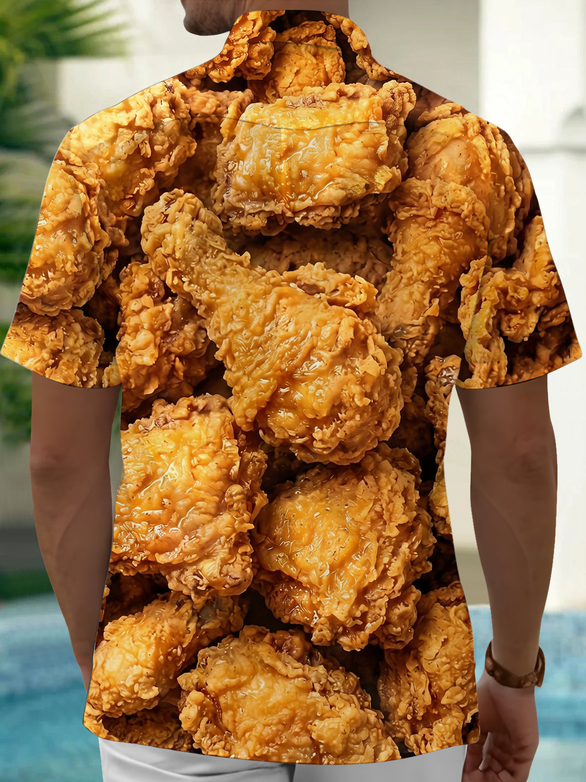 Adaychic Men's Hawaiian Fried Chicken Print Short Sleeve Shirt with Chest Pocket
