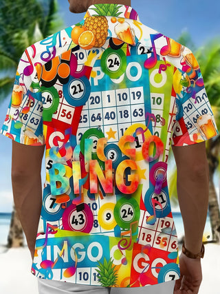 Adaychic Men's Graphic Go Bingo Game Print Short Sleeve Button Down Shirt with Chest Pocket