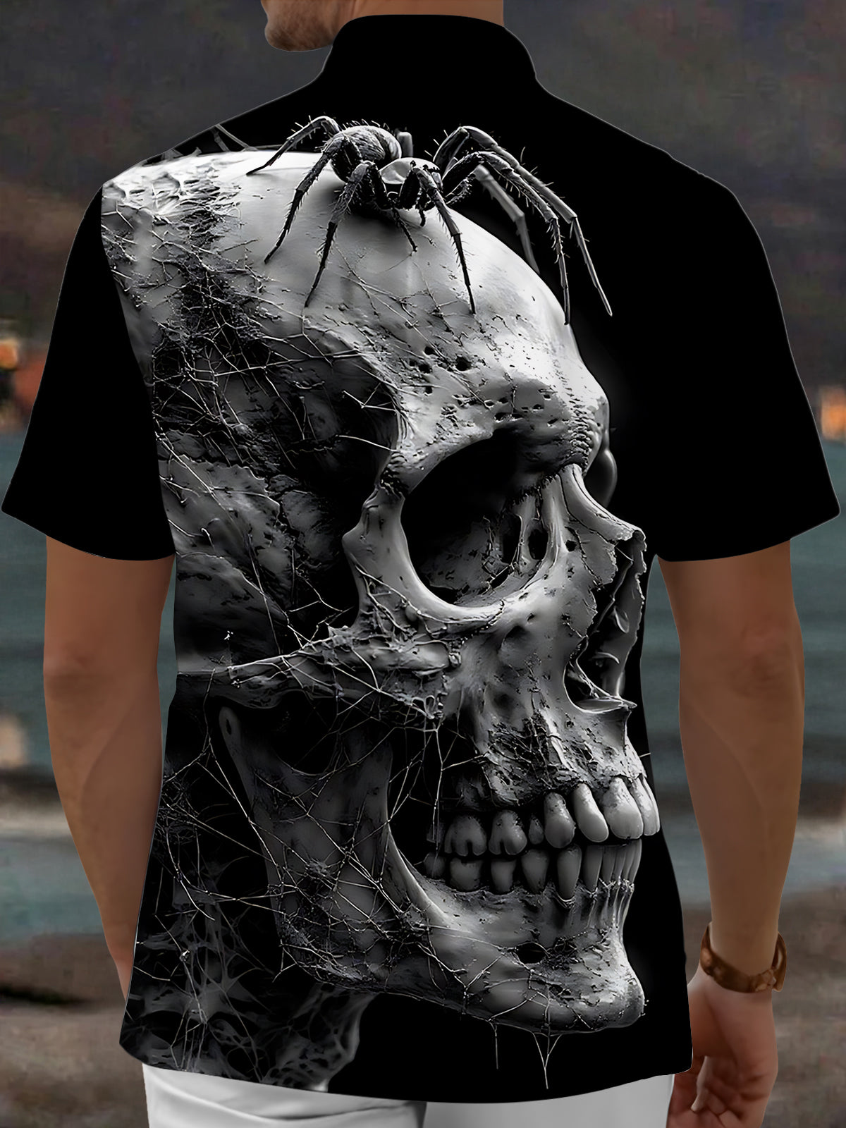 Adaychic Men's Graphic Skull Print Spider Print Short Sleeve Shirt with Chest Pocket