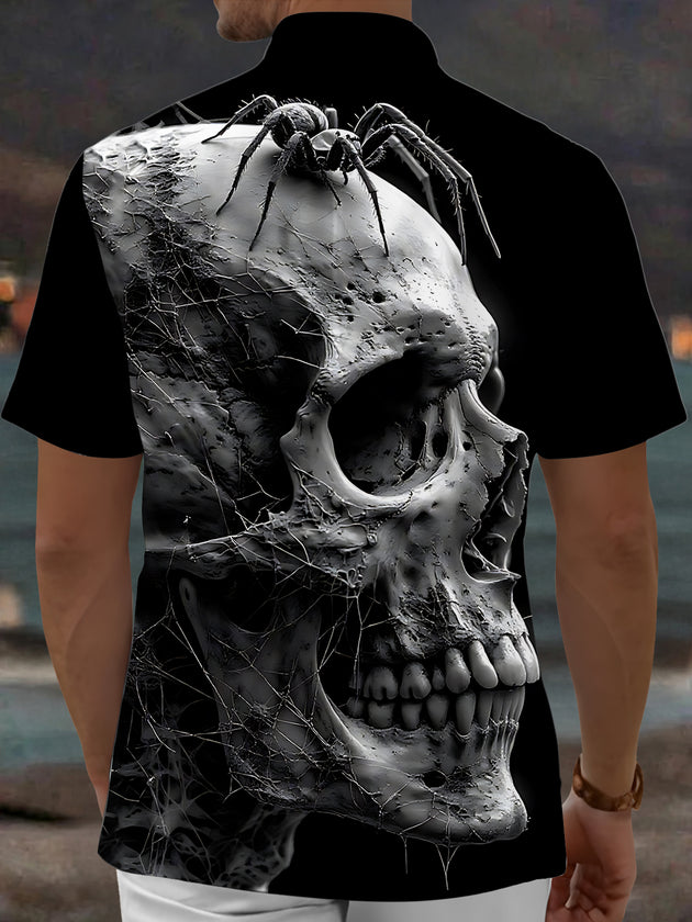 Adaychic Men's Graphic Skull Print Spider Print Short Sleeve Shirt with Chest Pocket