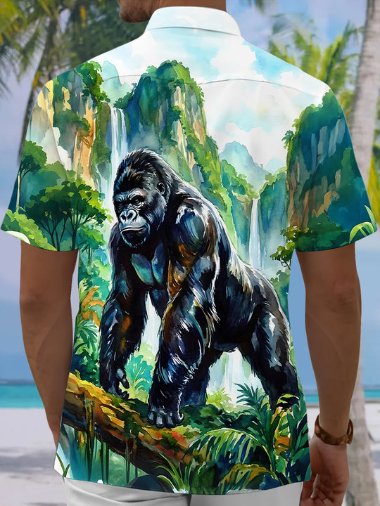 Men's blue Chimpanzee Forest Hawaiian short sleeve shirt back view