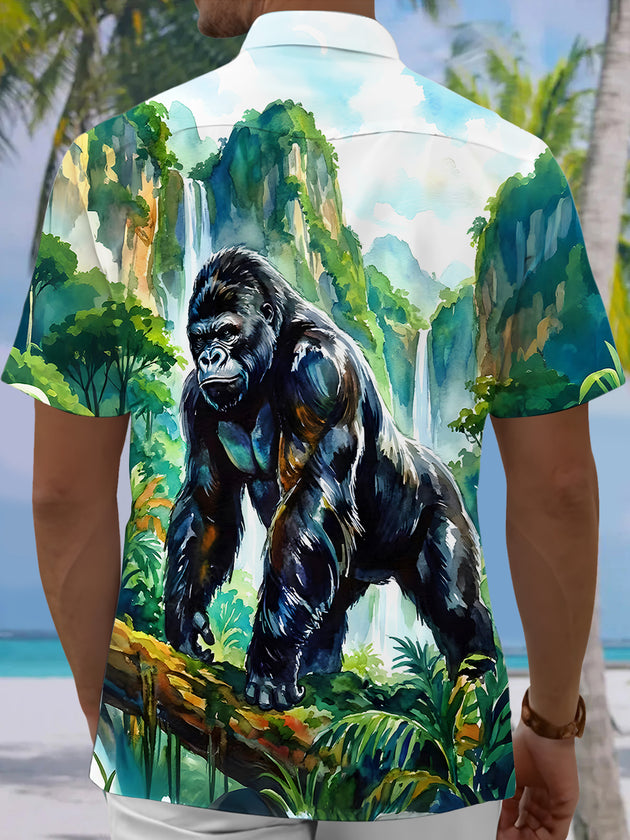 Men's blue Chimpanzee Forest Hawaiian short sleeve shirt back view