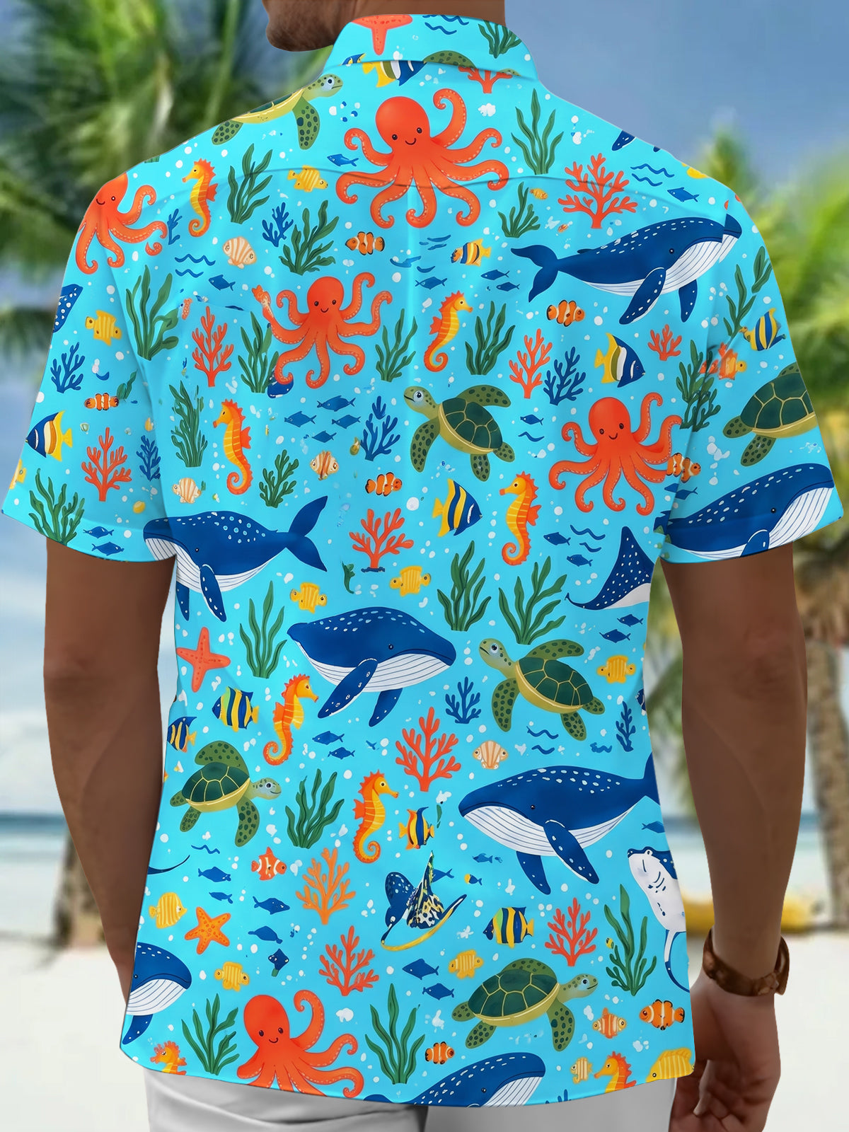Adaychic Men's Marine Life And Ocean Creatures Print Short Sleeve Shirt with Chest Pocket
