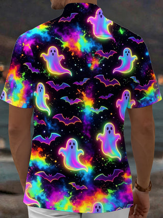 Adaychic Men's Graphic Halloween Neon Ghosts And Bats Print Short Sleeve Shirt with Chest Pocket