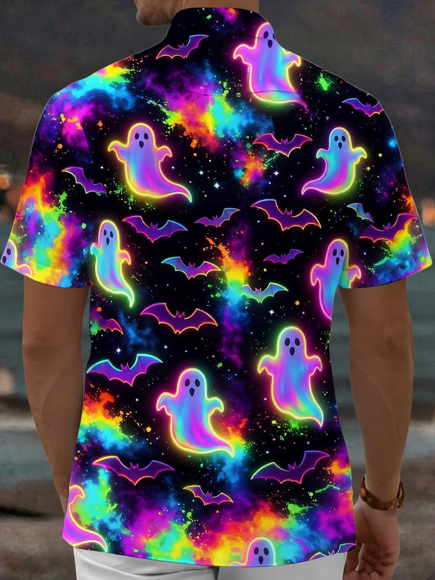 Adaychic Men's Graphic Halloween Neon Ghosts And Bats Print Short Sleeve Shirt with Chest Pocket