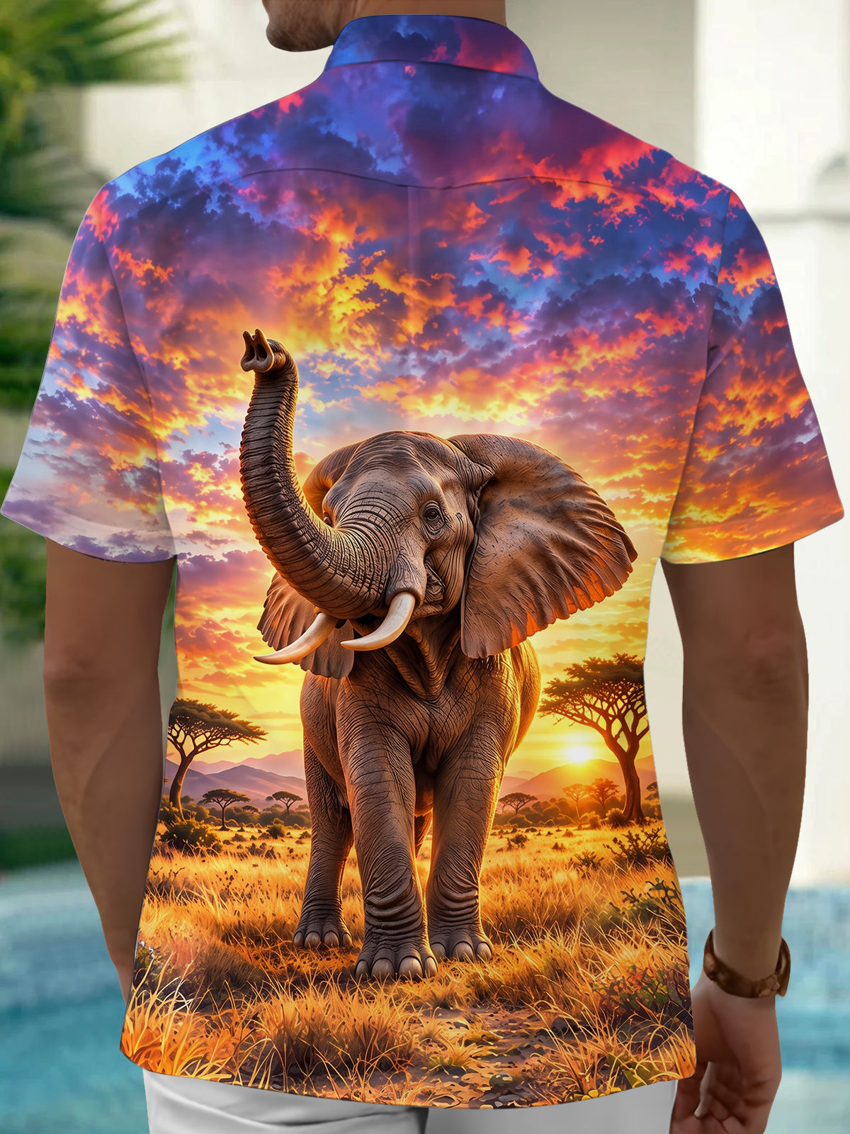Adaychic Men's African Elephant In Savanna Sunset Print Short Sleeve Shirt with Chest Pocket