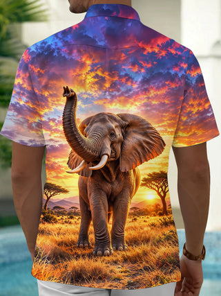 Adaychic Men's African Elephant In Savanna Sunset Print Short Sleeve Shirt with Chest Pocket