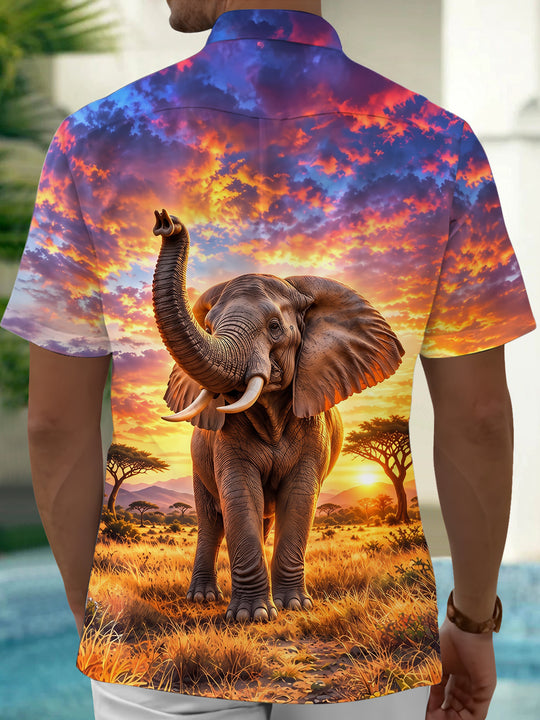 Adaychic Men's African Elephant In Savanna Sunset Print Short Sleeve Shirt with Chest Pocket