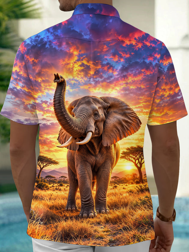 Adaychic Men's African Elephant In Savanna Sunset Print Short Sleeve Shirt with Chest Pocket