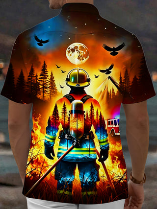 Adaychic Men's Graphic Firefighter Silhouette Print Short Sleeve Shirt with Chest Pocket