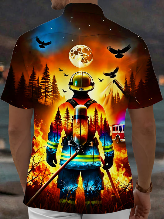 Adaychic Men's Graphic Firefighter Silhouette Print Short Sleeve Shirt with Chest Pocket