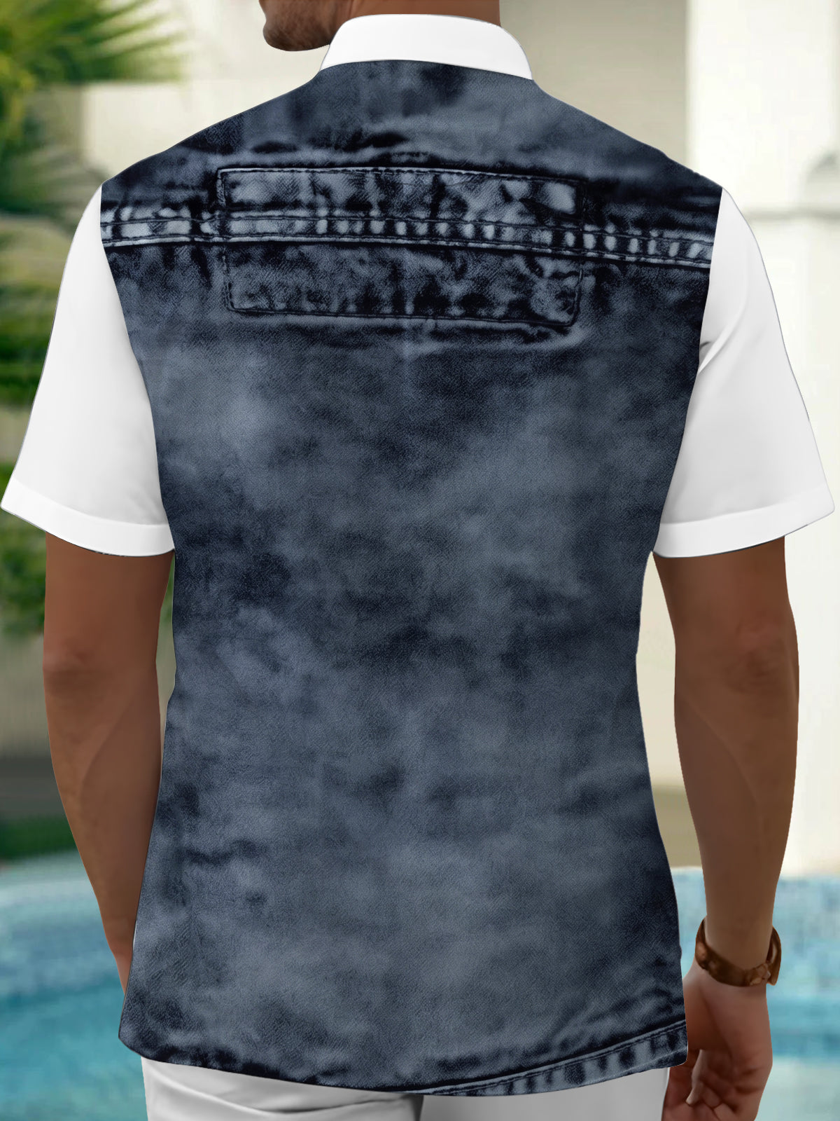 Adaychic Men's Printed Denim Vest Print Short Sleeve Shirt with Chest Pocket
