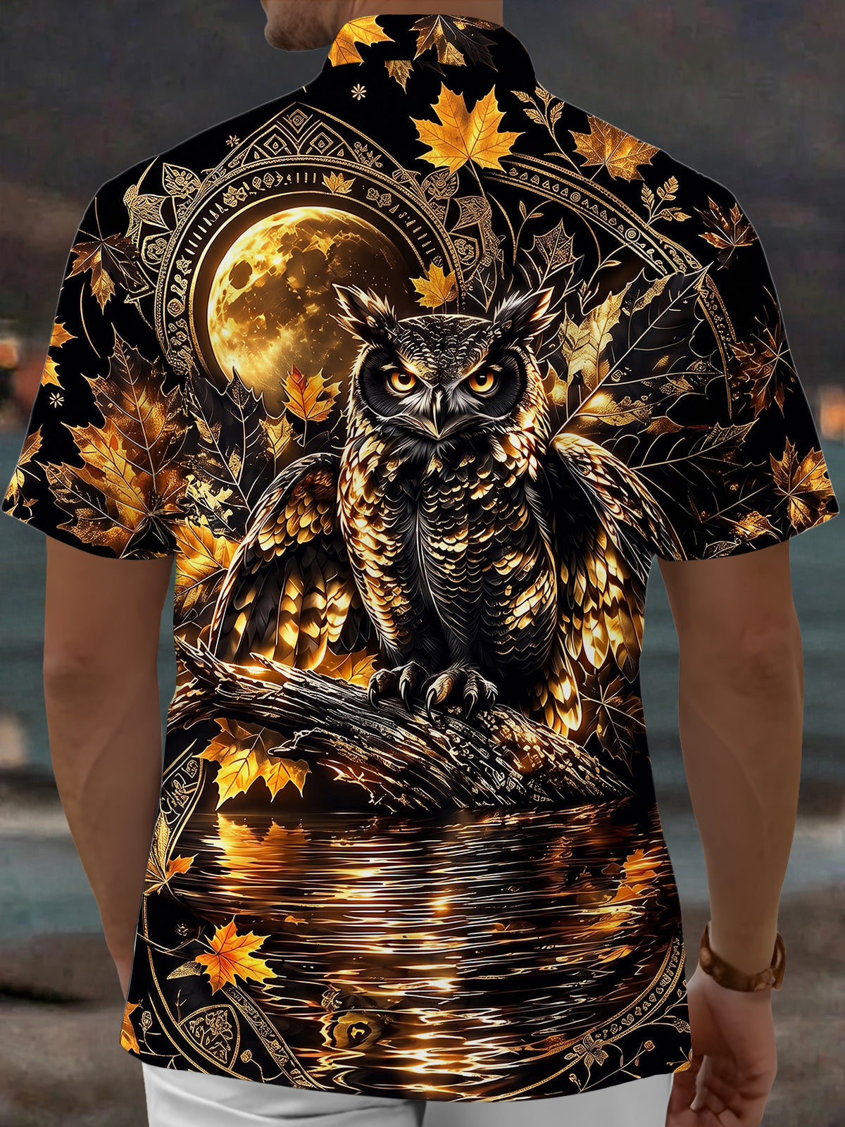 Adaychic Men's Hawaiian Owl And Moon With Maple Leaves Print Short Sleeve Shirt with Chest Pocket
