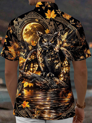 Adaychic Men's Hawaiian Owl And Moon With Maple Leaves Print Short Sleeve Shirt with Chest Pocket