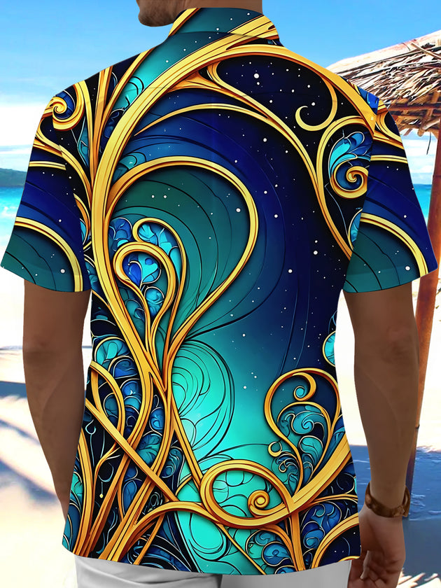 Adaychic Men's Printed Abstract Swirl Pattern Short Sleeve Shirt with Chest Pocket