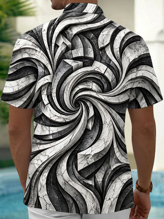 Adaychic Men's 3D Abstract 3D Swirling Marble Pattern Short Sleeve Shirt with Chest Pocket