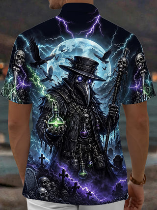 Adaychic Men's Graphic Plague Doctor Print Short Sleeve Shirt with Chest Pocket