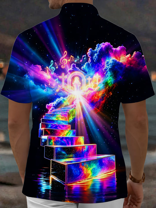 Adaychic Heaven Rainbow Staircase Men's Short Sleeve Shirt with Chest Pocket