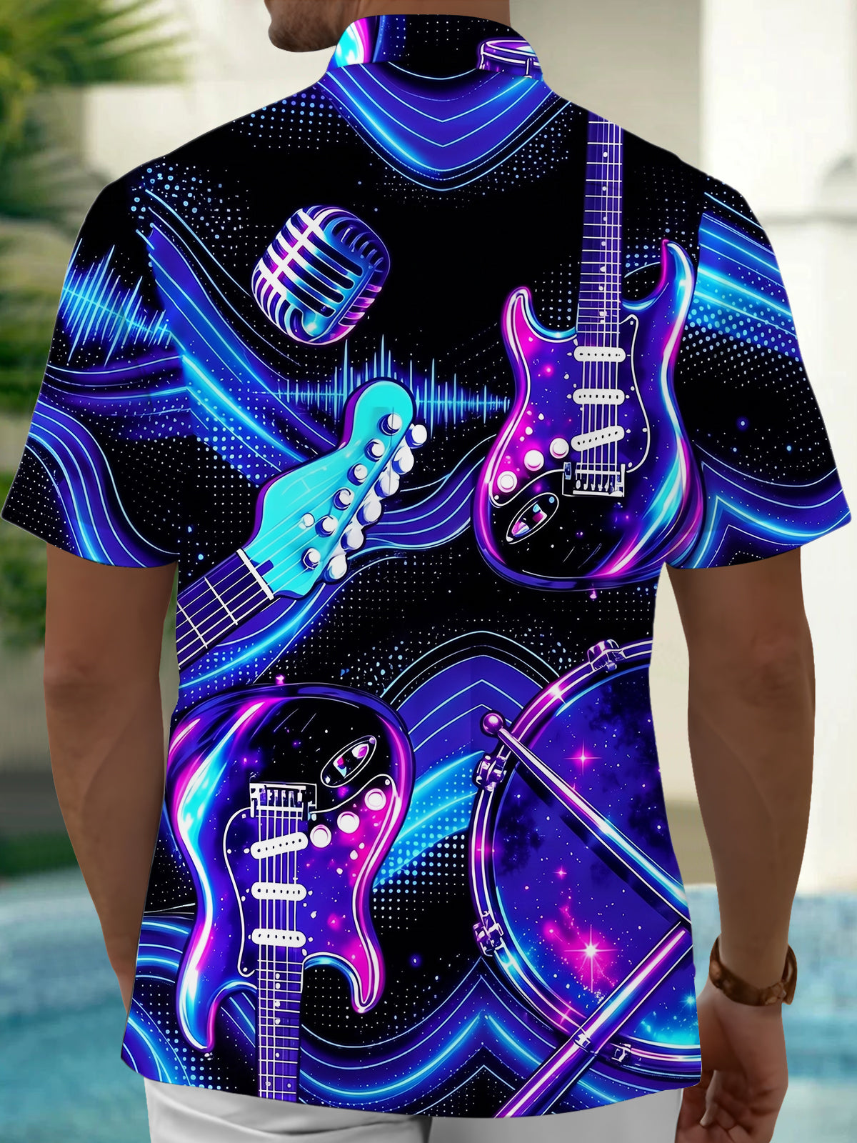 Adaychic Men's Graphic Neon Electric Guitar Print Short Sleeve Shirt with Chest Pocket