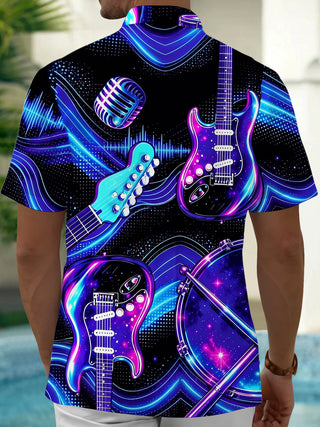 Adaychic Men's Graphic Neon Electric Guitar Print Short Sleeve Shirt with Chest Pocket