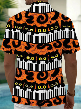 Adaychic Men's Hawaiian Halloween Cats Print Short Sleeve Shirt with Chest Pocket