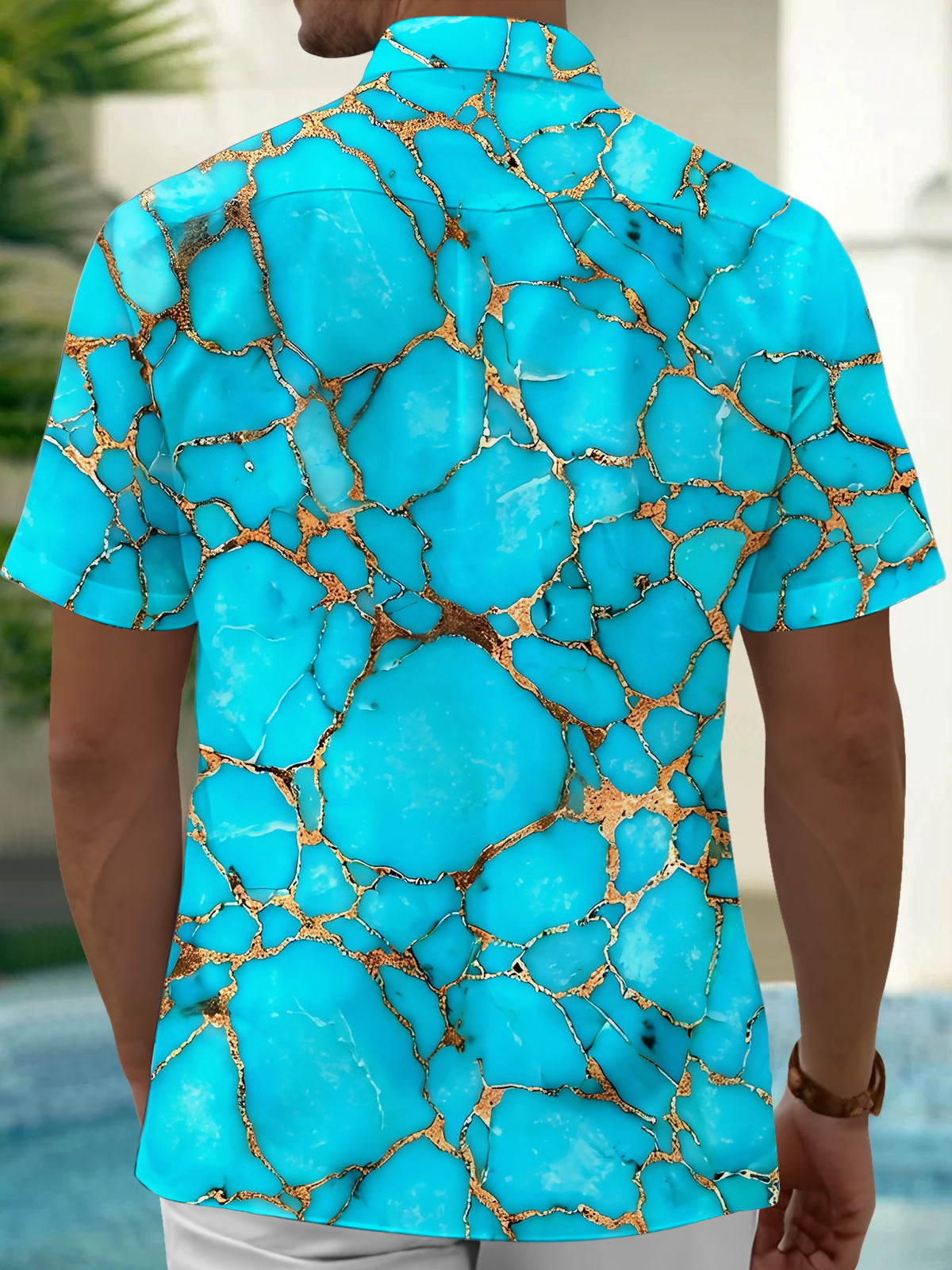 Adaychic Men's Abstract Turquoise And Gold Marble Pattern Short Sleeve Shirt with Chest Pocket