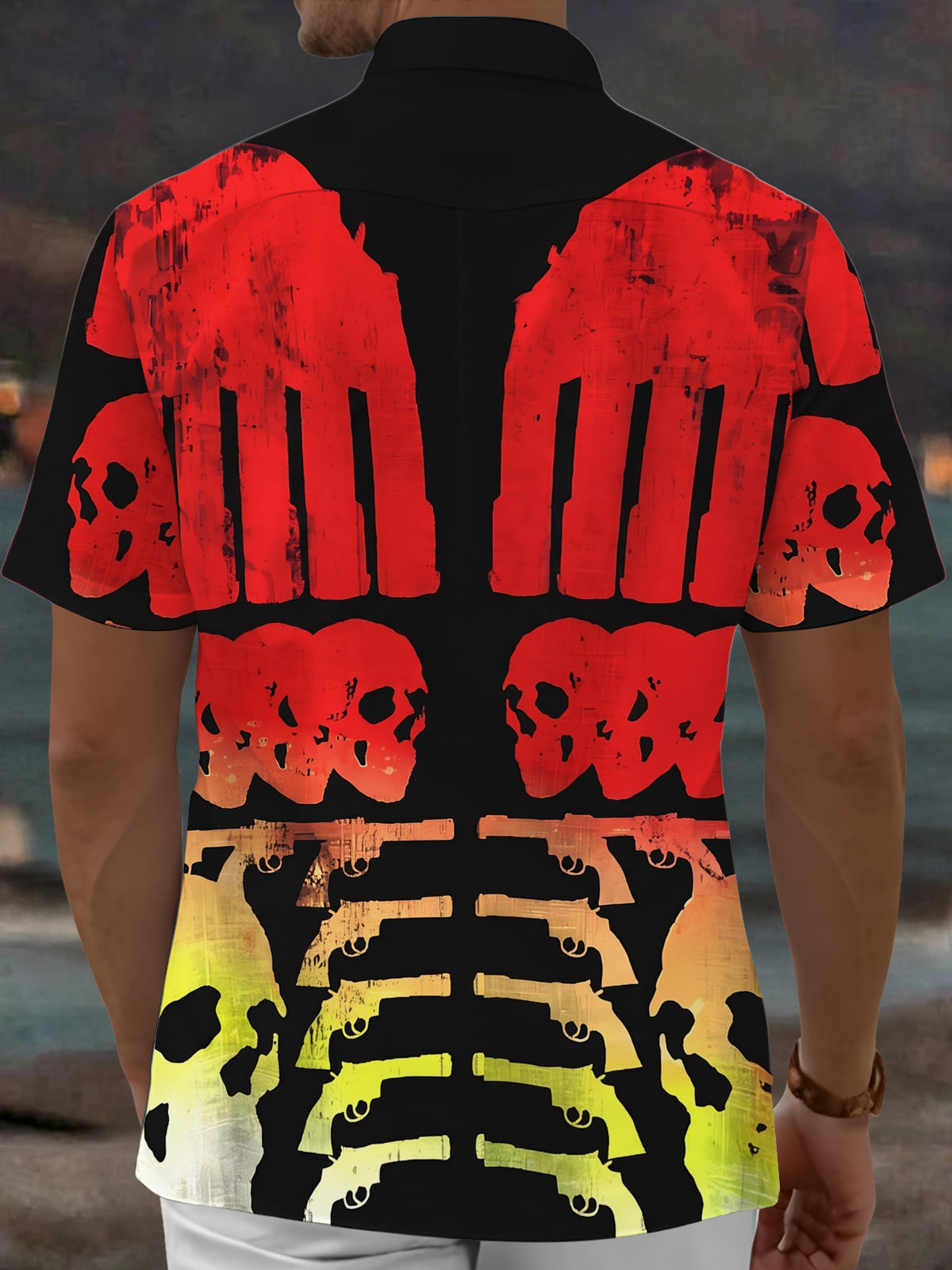 Adaychic Men's Graphic Skull Print Skeleton Design Print Short Sleeve Shirt with Chest Pocket