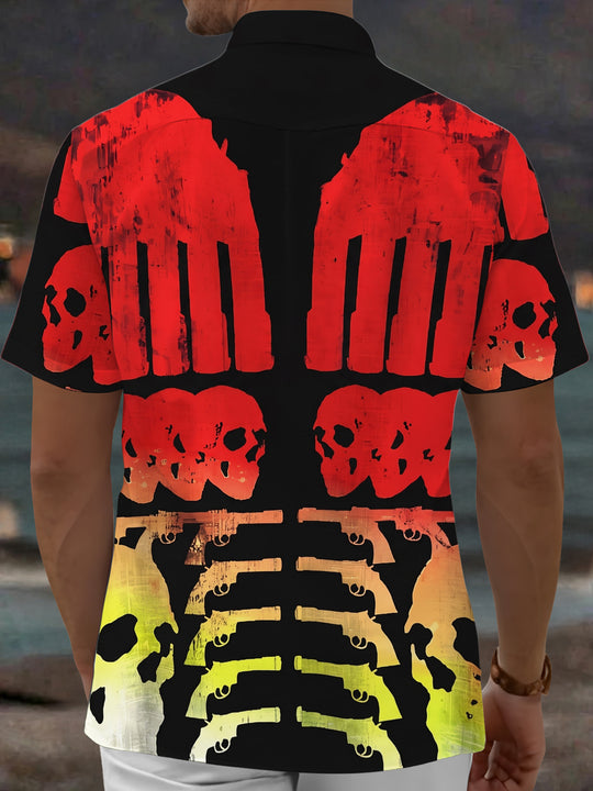 Adaychic Men's Graphic Skull Print Skeleton Design Print Short Sleeve Shirt with Chest Pocket